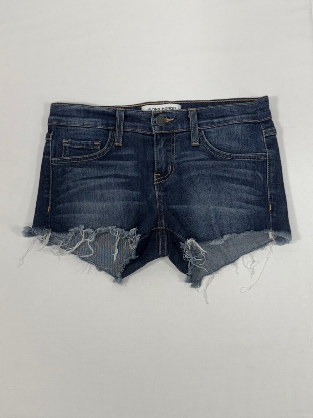 Distressed Raw Hem Flying Monkey Platinum Dark Wash Denim Shorts Size 25